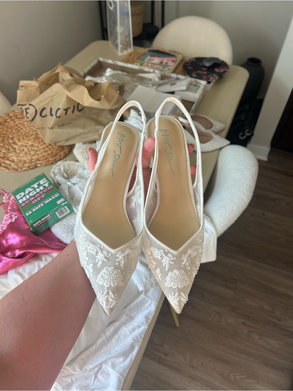 Betsey Johnson Ivory Lace Pointed Slingback Heels